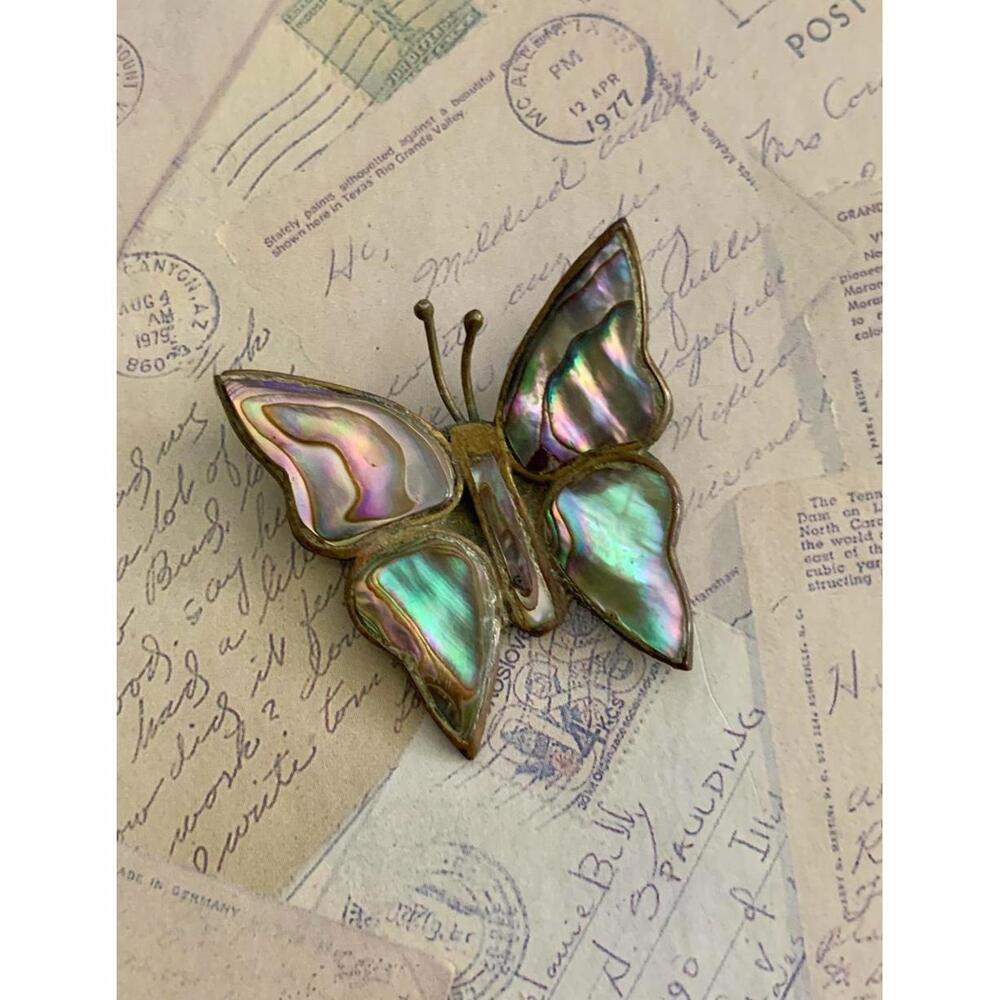 Sterling Silver Alpaca Mexico Abalone Butterfly Brooch Inlay Iridescent925 Taxco